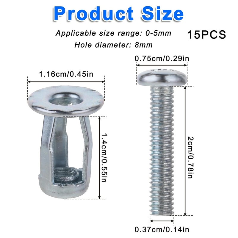 Molain 15 Pack Hollow Metal Cavity Fixing Hollow Door Anchor, M4 Nuts for 0-5mm Door Extra Short Hollow Wall Anchors Aluminium cladding Sheet Steel, Iron Sheet - Image 2